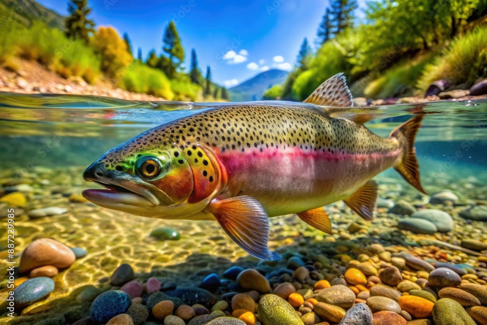 Naklejka premium Vibrant rainbow trout swims upstream in clear mountain river water, its scales shimmering in sunlight, surrounded by aquatic plants and smooth river rocks.
