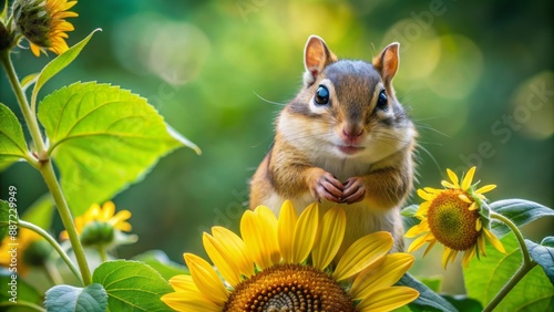 Adorable chipmunk peeking out from behind a giant sunflower, its paws grasping a pilfered seed, surrounded by lush greenery. photo