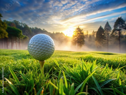 A perfectly positioned white golf ball rests on a manicured grass tee, awaiting its fate, surrounded by gentle morning mist and lush greenery. photo