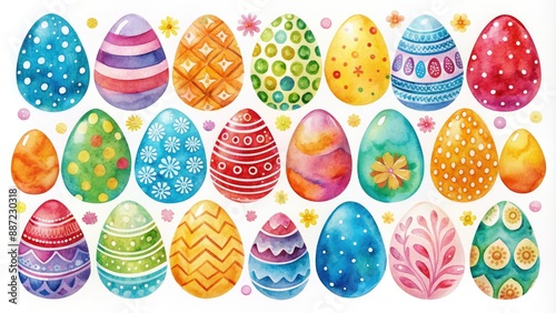 Vibrant watercolor design featuring colorful egg silhouettes and playful lettering on a pure white background, perfect for Easter greeting card templates and springtime celebrations.