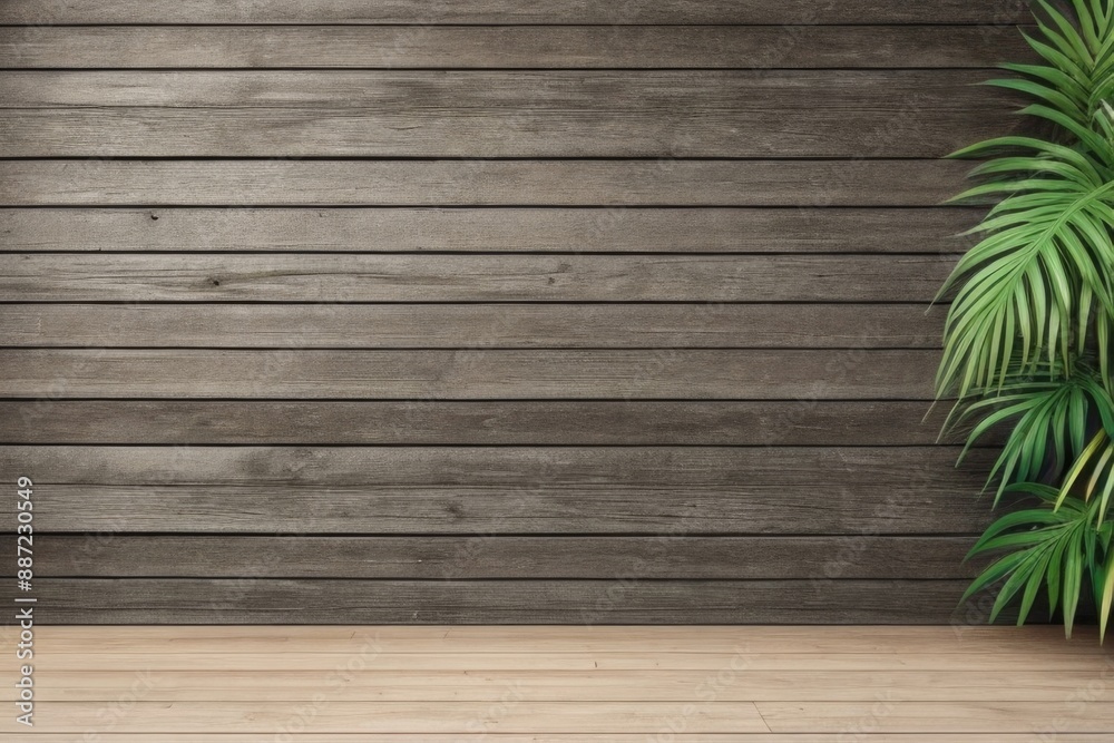 Empty wooden wall with green leaves Empty wooden wall with green leaves