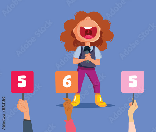 Singer Receiving Bad Score in Talent Show Vector Cartoon. Talentless kid trying to score high but failing in singing contest 
