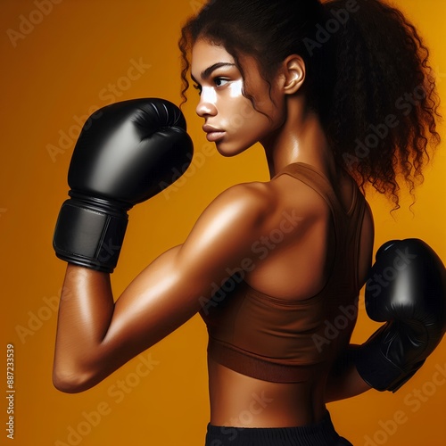  A woman boxer in gloves training on yellow background studio