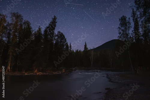 stars river mountains forest sky