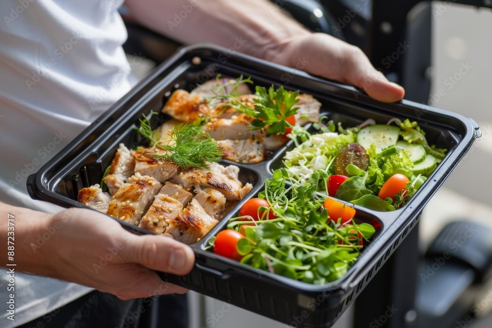 Man carrying a black plastic container with a healthy fitness meal of white meat, fresh green salad, and vegetables. High-protein lunch for muscle building inside the gym. Man carrying a black plastic container with a healthy fitness meal of white meat, fresh green salad, and vegetables. High-protein lunch for muscle building inside the gym.