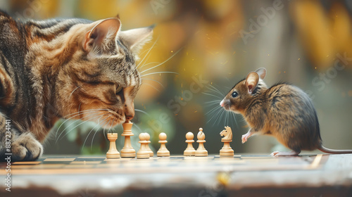 A cat and a mouse are playing a game of chess. They both focus on the board. The concept of cleverness, intelligence, strategy, and unexpected friendships. Generative AI.