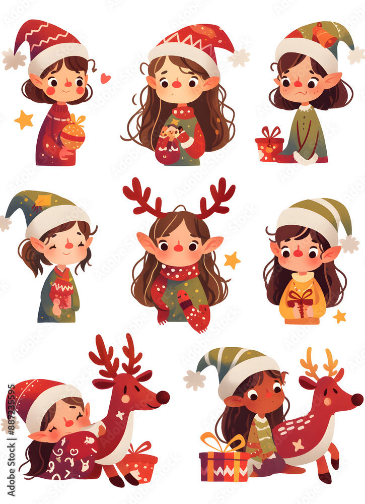 Fototapeta premium Santa Claus cartoon character set with various joyful designs, featuring boys, girls, animals, and festive patterns, ideal for Christmas illustrations