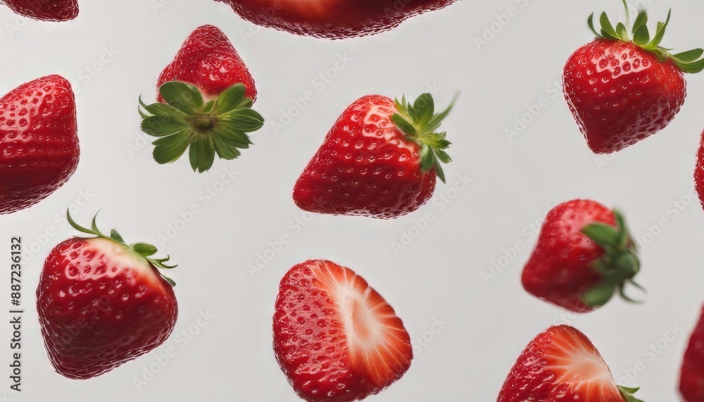 The composition of strawberries. Cut strawberries into pieces flying in the air