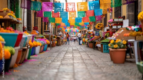 Dia De Los Muertos colorful market, vibrant street stalls, traditional Mexican crafts, festive decorations, local vendors, rich textures, watercolor style, high detail © AbsoluteAI