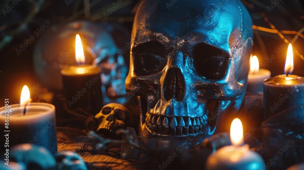 Skull Surrounded by Black Background and Candles Skull Surrounded by Black Background and Candles