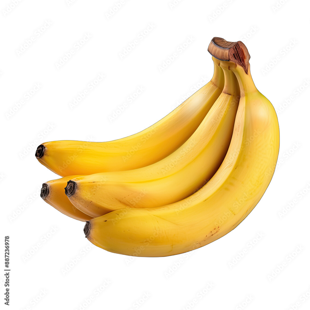 A fresh bunch of yellow bananas with subtle speckles, displayed on a transparent background to highlight their vibrant color and delicious appearance.