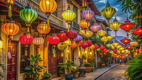 Beautiful lanterns hanging from restaurants/pubs at Hoi An, Vietnam photo