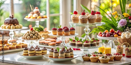 Close-up shot of a delicious assortment of assorted desserts on a stylish dessert table , sweets, treats, confectionery