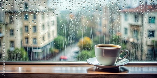 Coffee cup on a rainy window sill with street view in the background, coffee, rainy day, window sill, street view photo