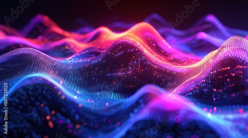 A vibrant, abstract 3D visualization of sound waves in neon colors, featuring dynamic and flowing curves with sparkling highlights against a dark background.
