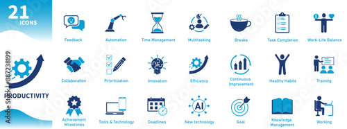 Productivity icon. Set of icons for work, business, office, efficiency, deadlines, automation