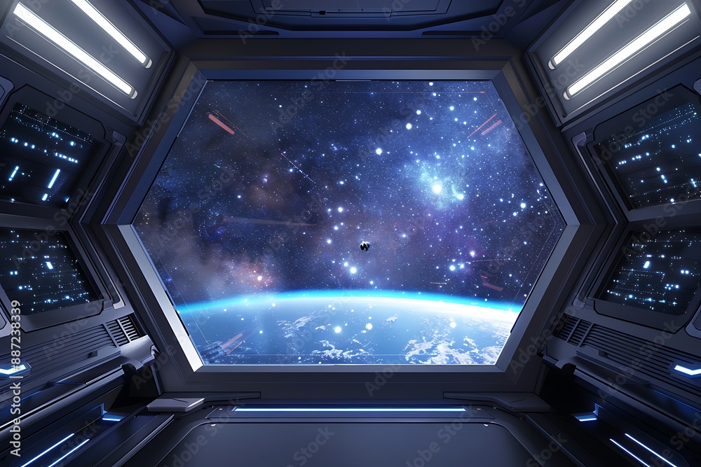 Futuristic spaceship interior with view of Earth and stars. Futuristic spaceship interior with view of Earth and stars.