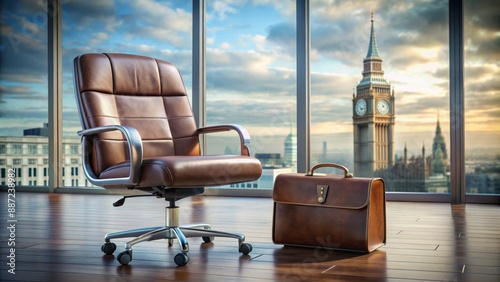 Urgent deadline looming, abandoned briefcase and forgotten coffee cup sit on empty office chair beside a ticking clock tower. photo