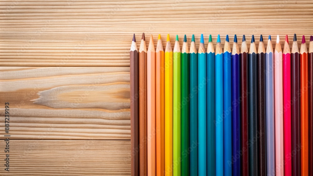 Obraz premium A solitary, precisely arranged, contrasting colored pencil and pen set lies horizontally on a plain, neutral toned, wooden background surface.
