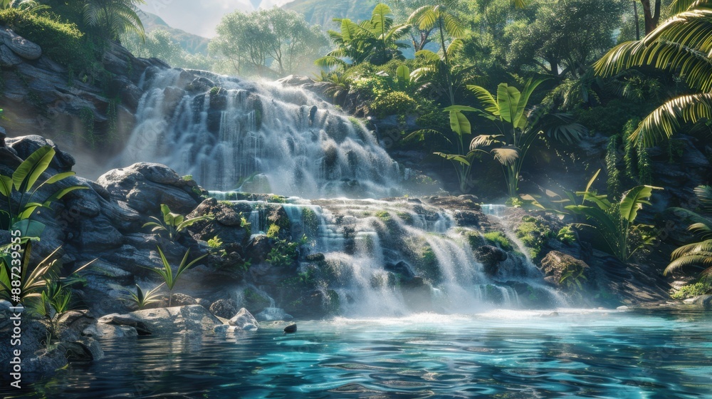 Waterfall Background: Dramatic waterfall flowing down rocky cliffs into a crystal-clear pool, embraced by lush green surroundings and mist rising gently from the water.
Waterfall Background: Dramatic waterfall flowing down rocky cliffs into a crystal-clear pool, embraced by lush green surroundings and mist rising gently from the water.