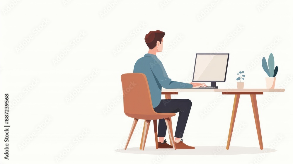 Young man designing graphics on computer, creative process, 3D illustration, colorful, isolated on white background
