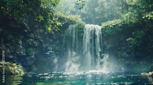 Waterfall Background: Dramatic waterfall descends rocky cliffs into a clear pool, set amidst lush green surroundings with mist rising from the water.
