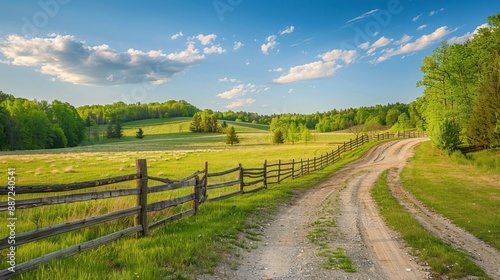 Rural Road Background: Peaceful country lane weaving through fields and woods, with a rustic wooden fence under a clear blue sky and scattered clouds. 