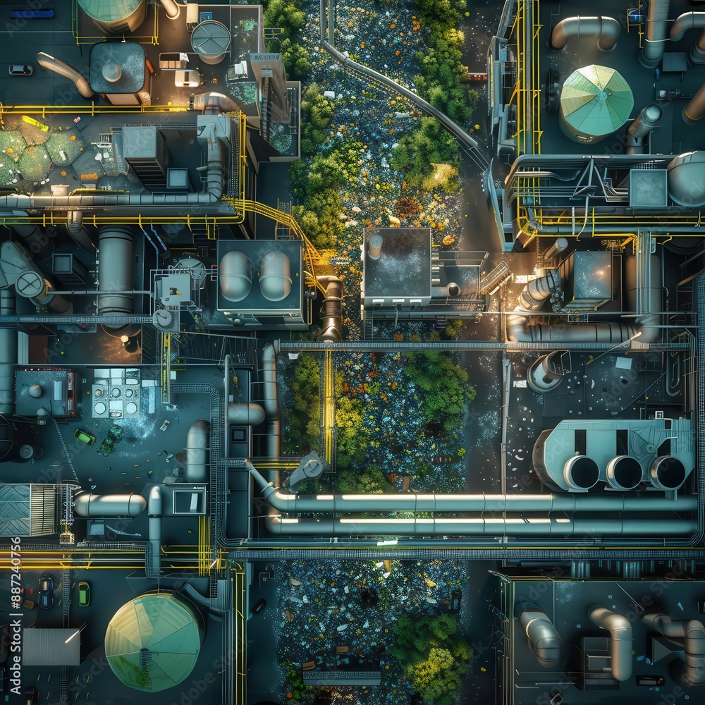 Digital visualization of recycling processes, sustainability, eco-friendly technology, waste management Digital visualization of recycling processes, sustainability, eco-friendly technology, waste management