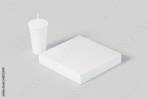 Rendering of white empty pizza box and soda cup with straw for product mockup presentation
