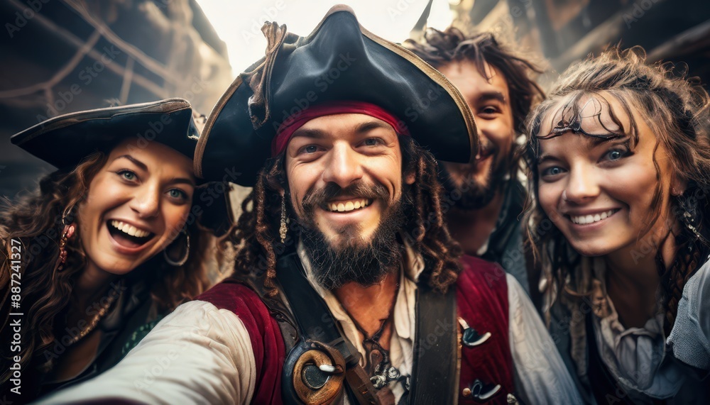 Fototapeta premium Selfie of A happy group with a pirate wearing an eyeglasses and a pirate woman wearing earrings in the background of his photo.