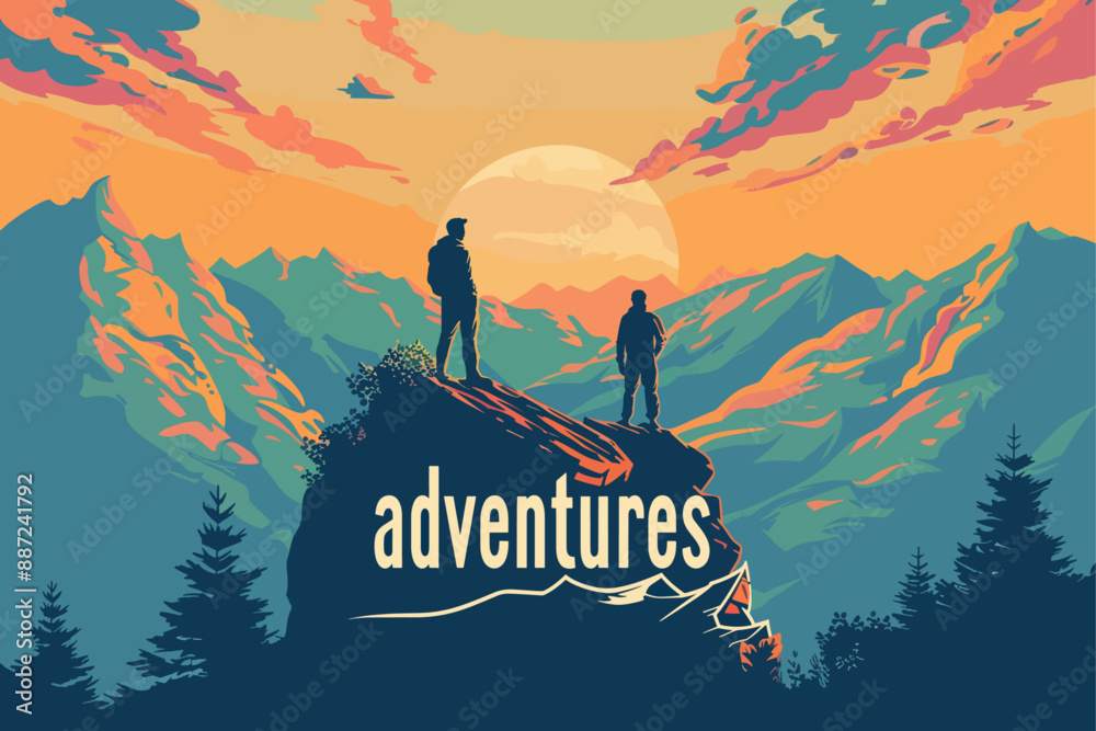 Two hikers on a rocky peak at sunrise. Colorful sky and expansive mountain view.