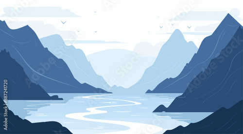Winding road through mountains. Minimalist landscape in shades of blue.