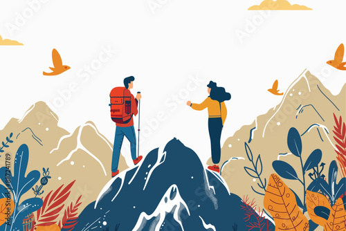 Two hikers on a mountain with a camera. Birds flying in a colorful landscape.