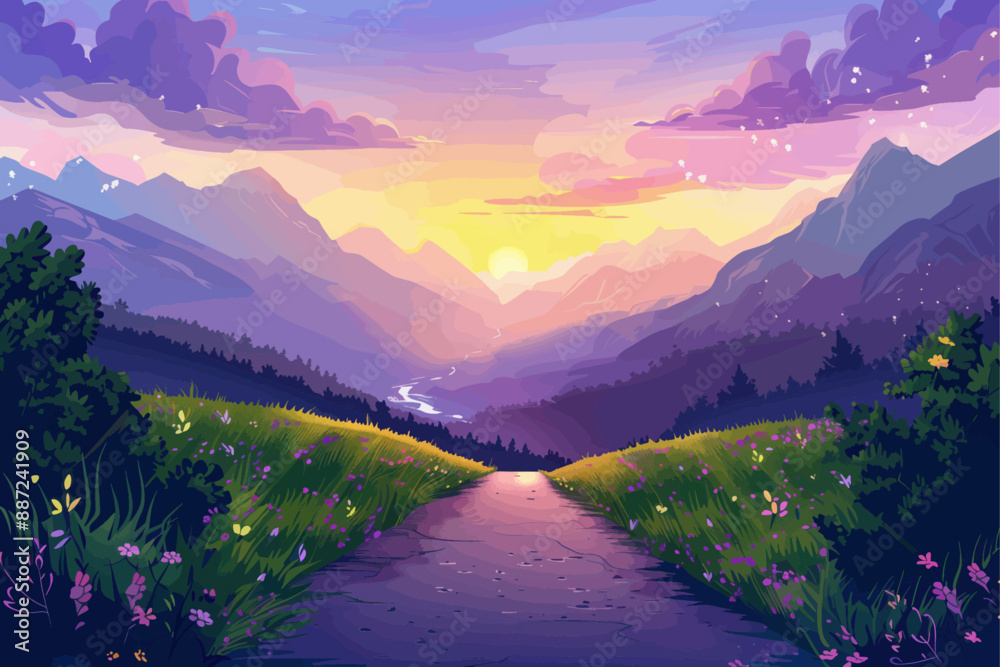Mountain valley at sunset. Colorful sky over a winding river and green hills.