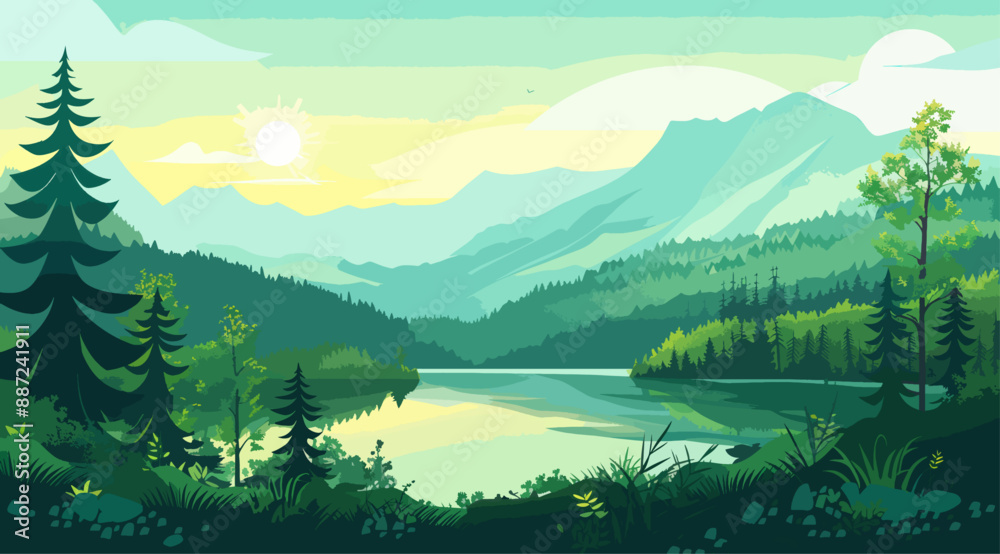 Mountain lake at sunrise. Pine trees reflect on the water.