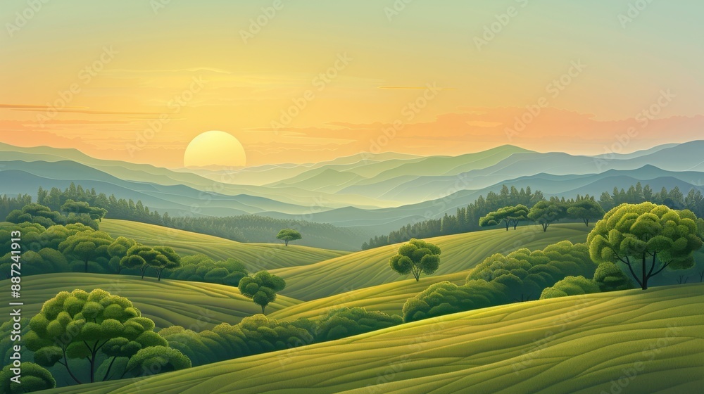 Fototapeta premium Sunrise Over Hills Illustration Background: Serene sunrise over rolling hills, bathed in warm golden light, casting long shadows in the landscape. 