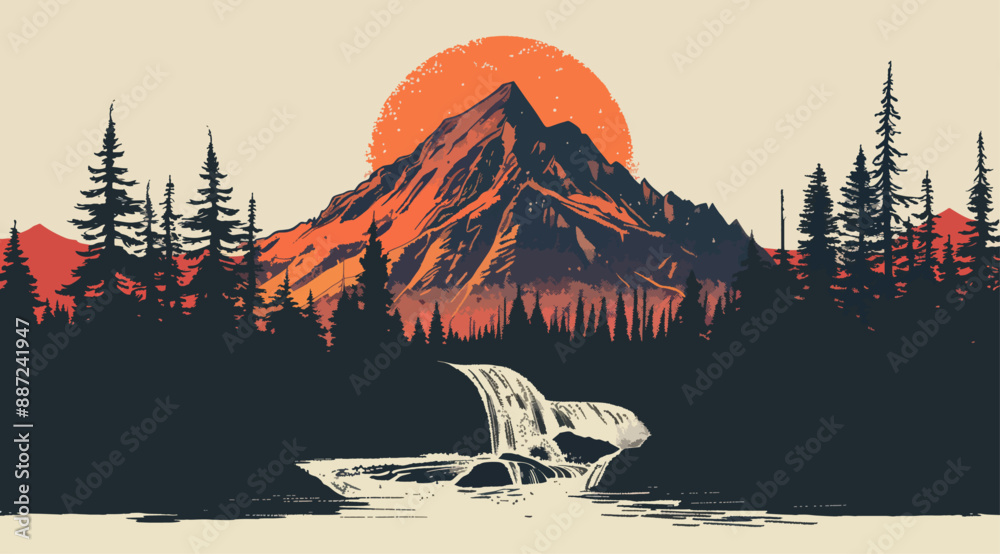 Sunset over mountains with a waterfall. Silhouetted trees and warm colors.