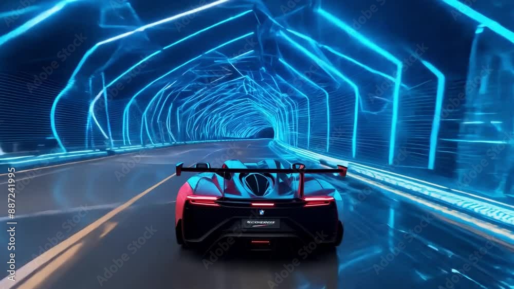 A red sports car drives through a futuristic tunnel lined with bright blue lights. The car has a large rear wing and is speeding towards the light at the end of the tunnel.