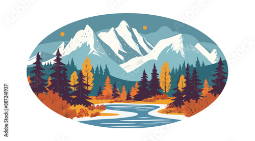 Sunrise over mountains with lake reflection. Silhouetted pine trees and vibrant colors.