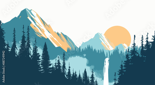Obraz na płótnie Sunrise over mountains with a waterfall. Silhouetted trees and vibrant colors. w salonie