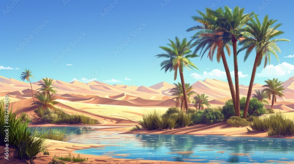 Desert Oasis Illustration Background: Tranquil desert oasis scene, palm trees, clear blue pond, and sand dunes under clear blue sky.
Desert Oasis Illustration Background: Tranquil desert oasis scene, palm trees, clear blue pond, and sand dunes under clear blue sky.