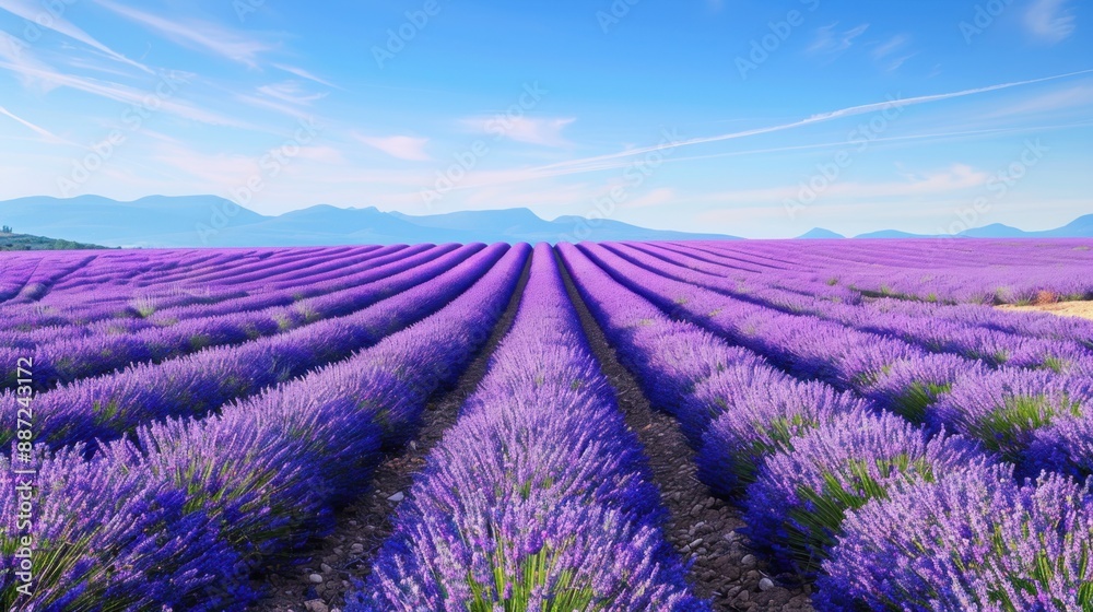 Obraz premium Lavender Field Background: A picturesque vista of vibrant lavender fields stretching to the horizon under a clear blue sky. 