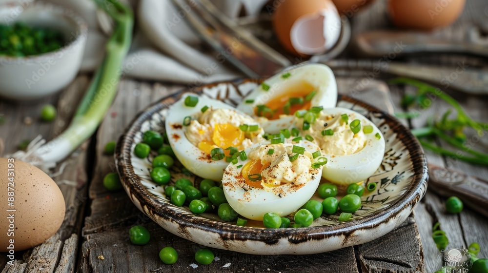 Russian style boiled eggs with mayonnaise peas and green onions in a rustic setting Russian style boiled eggs with mayonnaise peas and green onions in a rustic setting