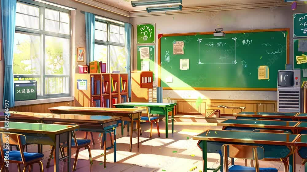 Empty school, fun elementary school children. with green chalkboard. 4K virtual video motion.