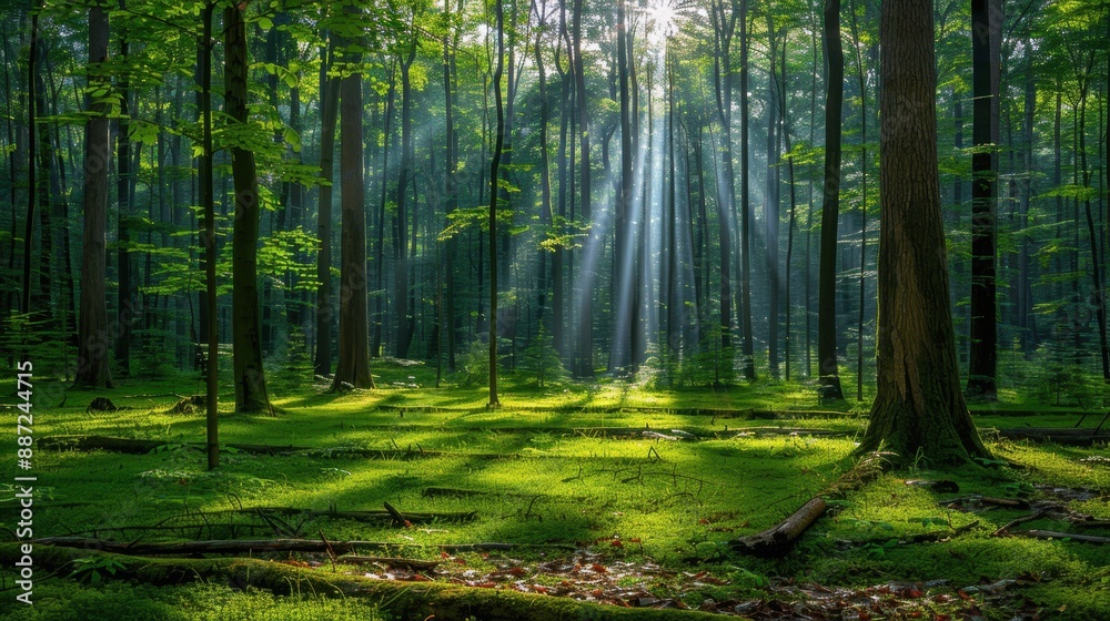 Obraz premium Sunlit Forest Background: Tranquil woods bathed in sunlight, dappling the forest floor with patches of light and illuminating lush green foliage. 