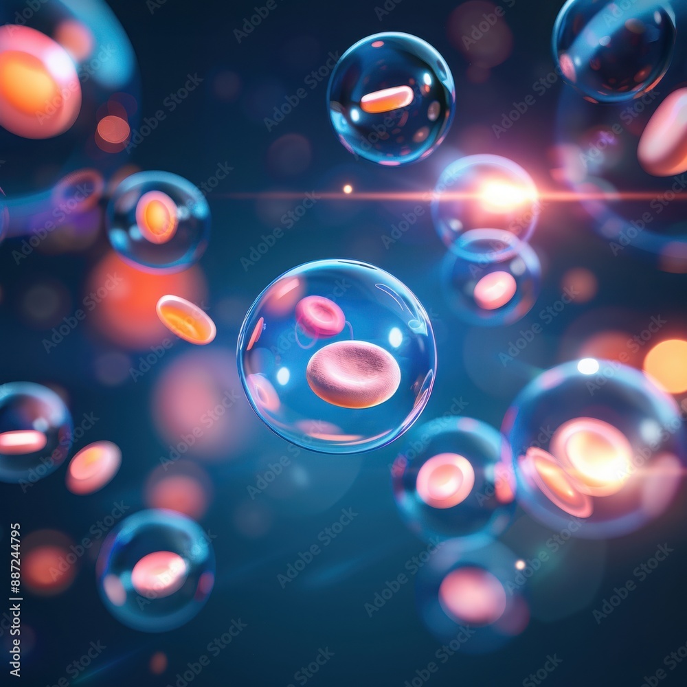 Abstract image of red blood cells floating in bubbles against a blue background, representing life and health. Abstract image of red blood cells floating in bubbles against a blue background, representing life and health.
