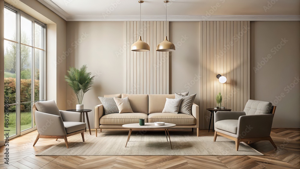 Modern beige interior with a stylish chair and sofa, room, chair, sofa, interior, beige, modern, stylish, furniture, home
