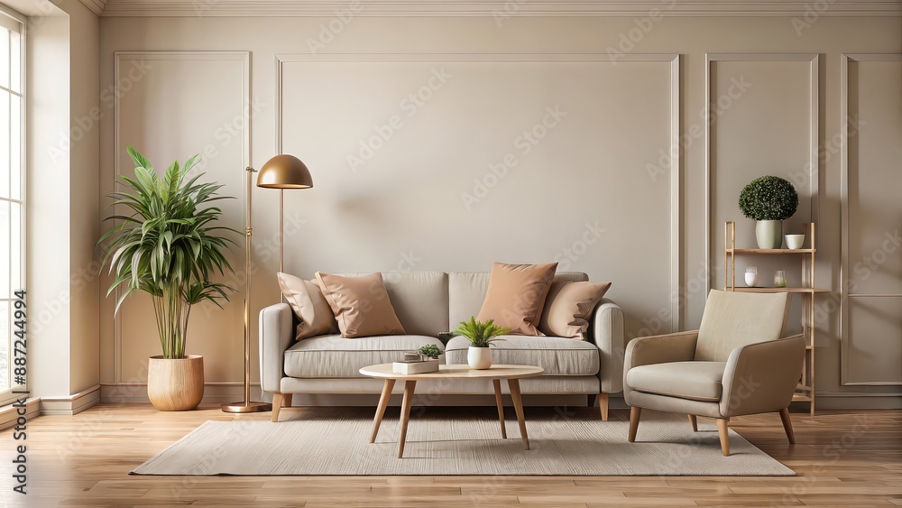 custom made wallpaper toronto digitalCozy beige room interior with a chair and sofa, room, interior, beige, chair, sofa, cozy, home, comfortable, modern