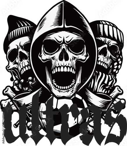 black and white skull logo design in the style of ultras hooligans football supporters