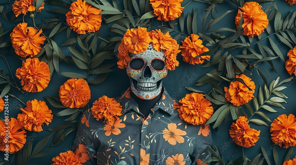 Elaborate dress for Dia De Los Muertos catrinas, intricate designs with vibrant colors, marigold flowers, cultural significance, vintage style, high detail Elaborate dress for Dia De Los Muertos catrinas, intricate designs with vibrant colors, marigold flowers, cultural significance, vintage style, high detail